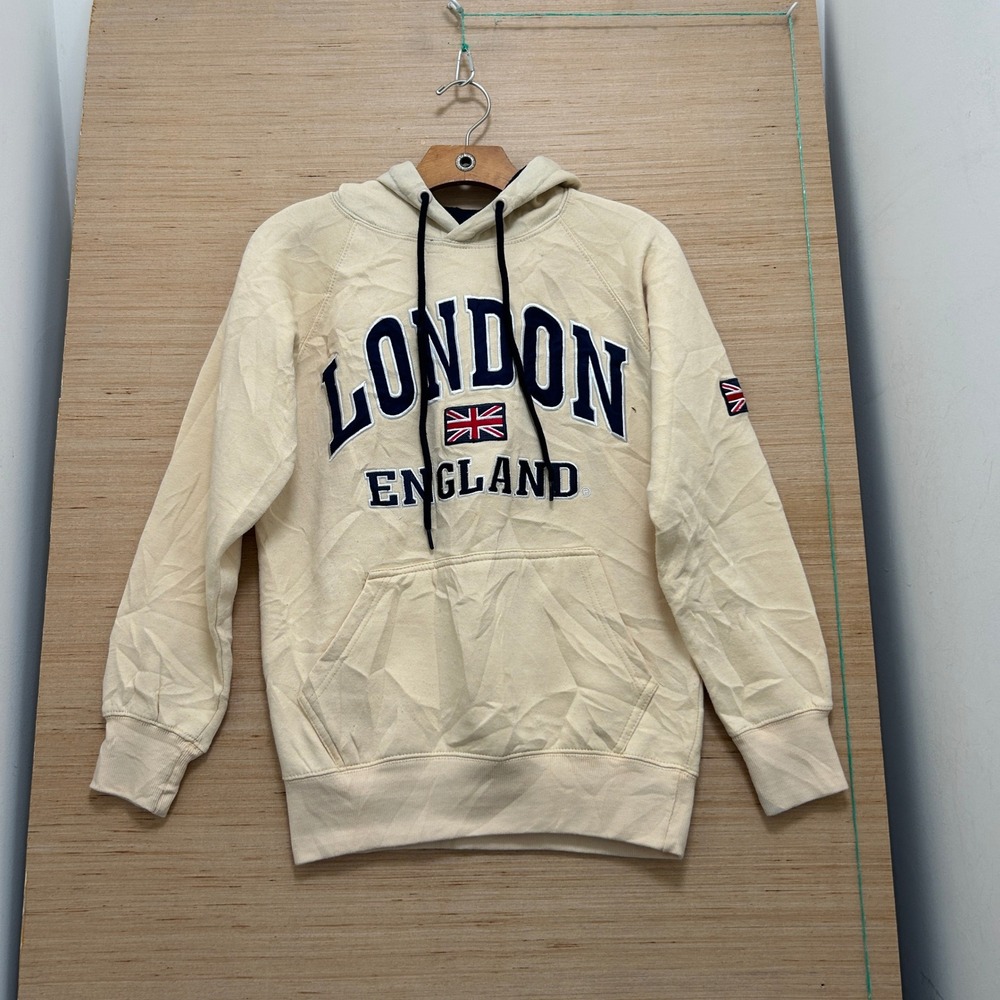 K.K. Apparel London England Union Jack Embroidered Hoodie Cream Mens Small